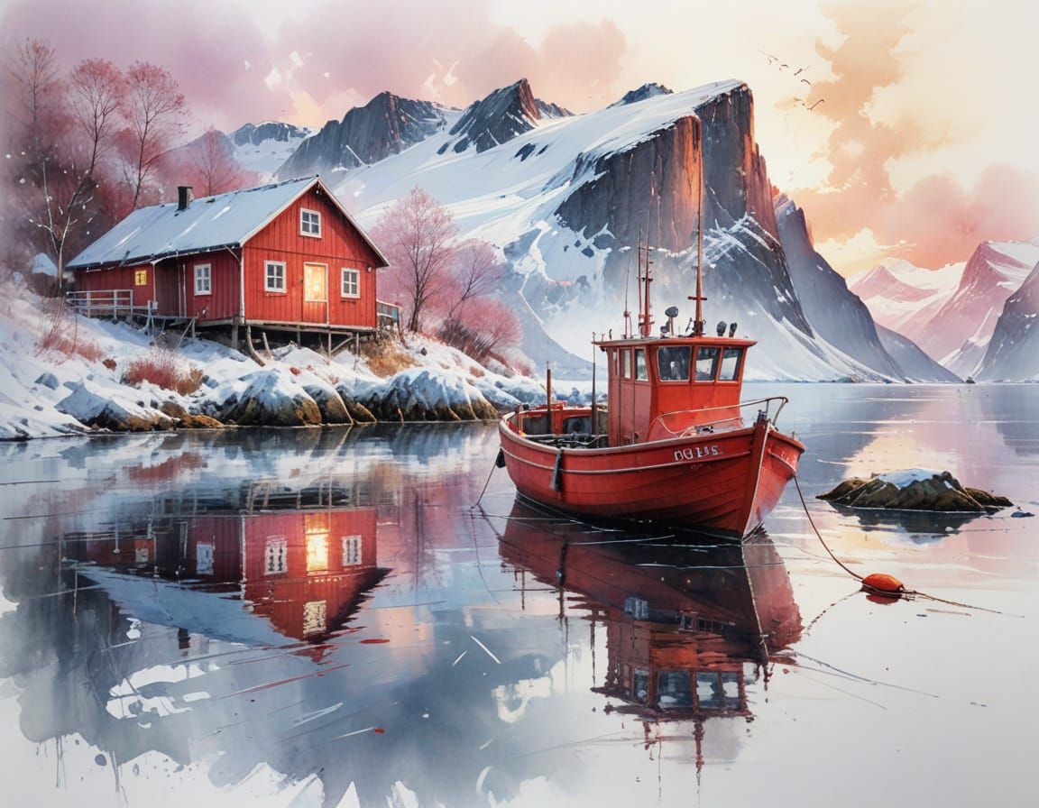 Winter Fjord Sunrise with Red Fishing Boat