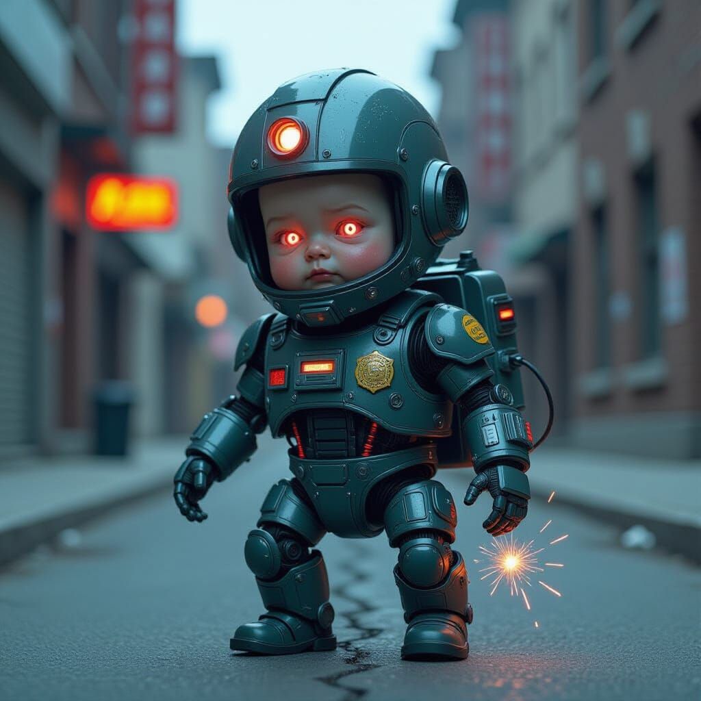 Grotesque Cyberpunk Baby Enforcer in Gritty City