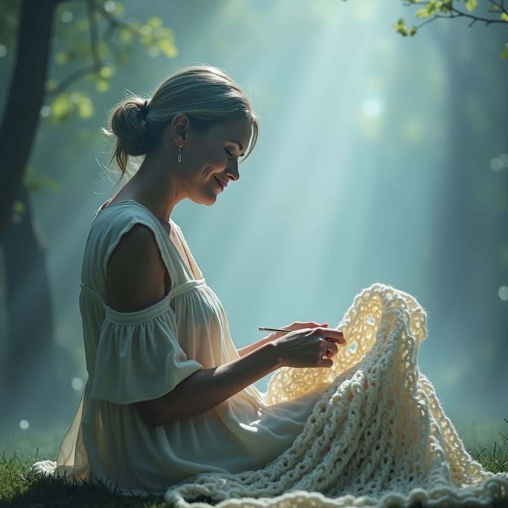Woman Crocheting Infinite Blanket: Oil Painting