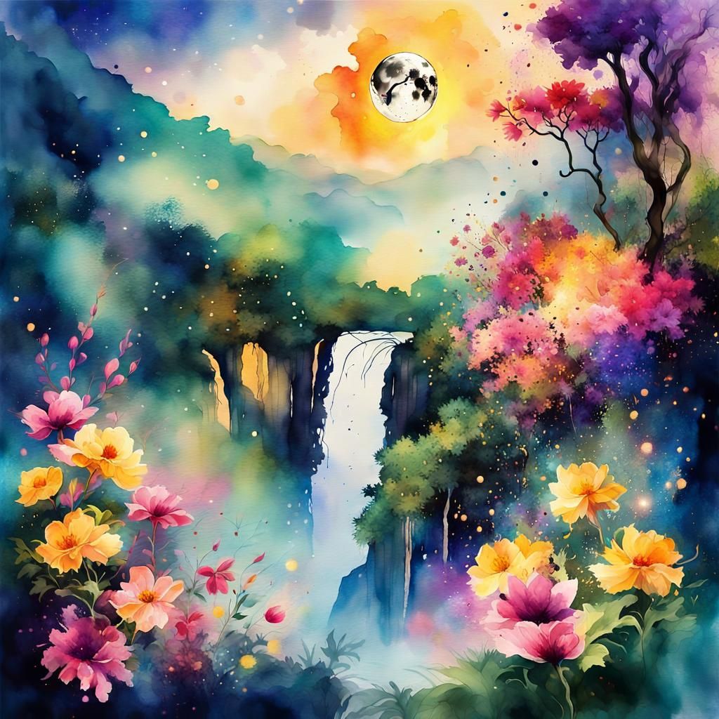 Lush Moonlit Landscape with Waterfalls in Watercolor