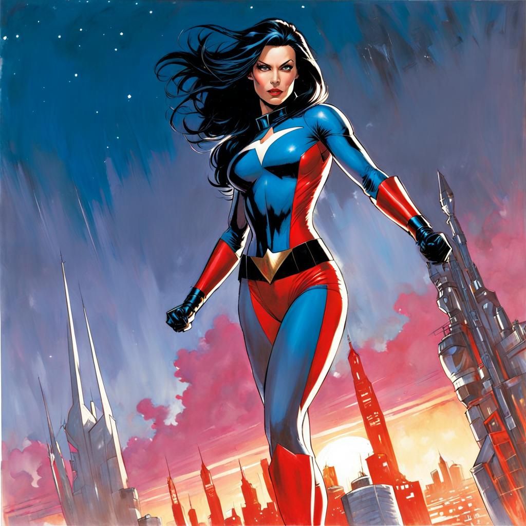 Vivid Superheroine in War-Torn Cityscape Painting