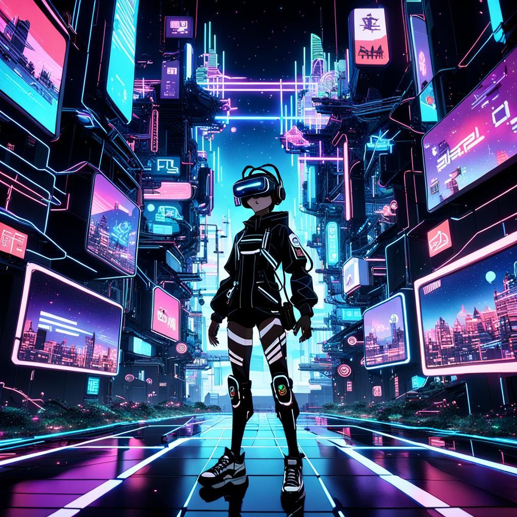 Futuristic Anime VR Character in Digital Neon Landscape