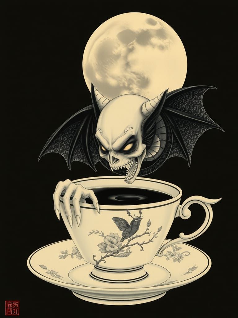Ukiyo-e Vampire in Teacup: Gloomy Ivory Composition