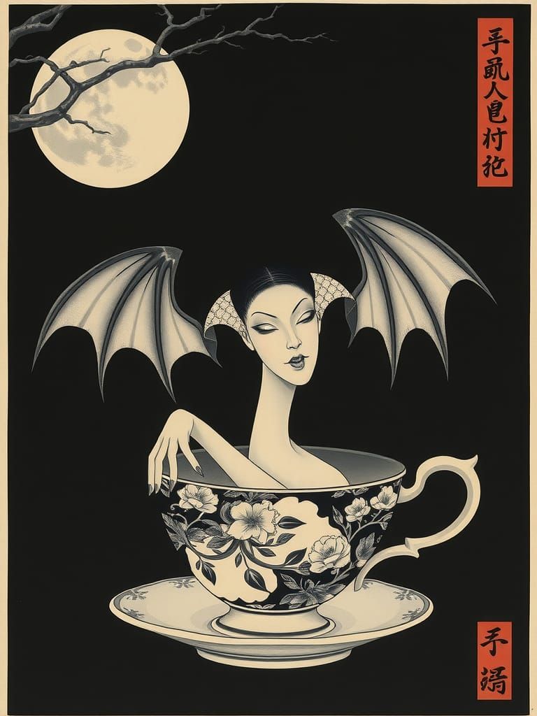 Ukiyo-e Vampire in Teacup: Vintage Japanese Print