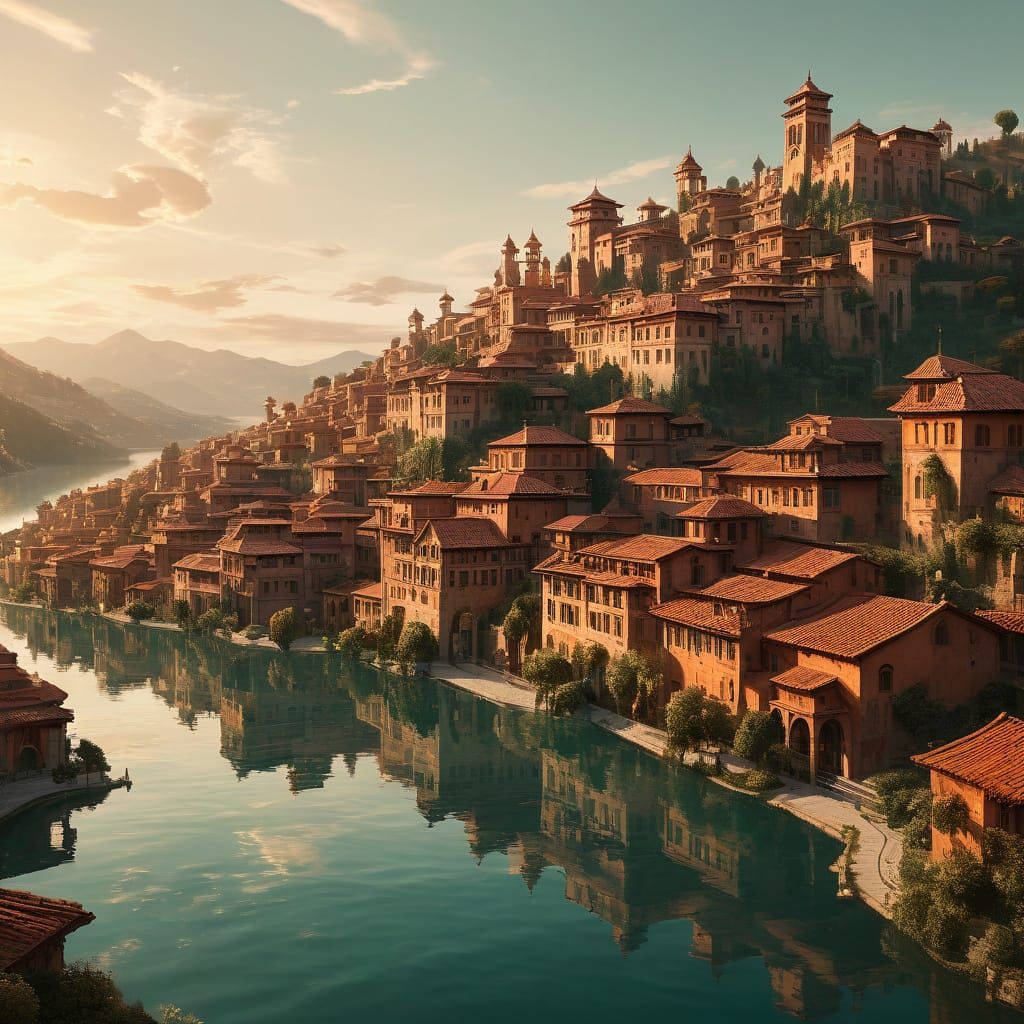 Terracotta City on Lake: Dreamy Oil Painting