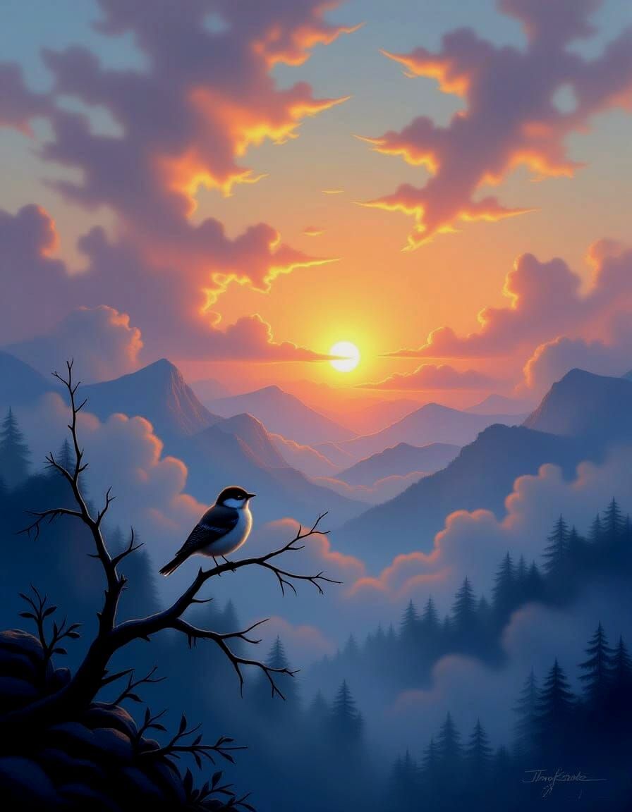 Ethereal Bird on Branch at Sunrise Oil Painting