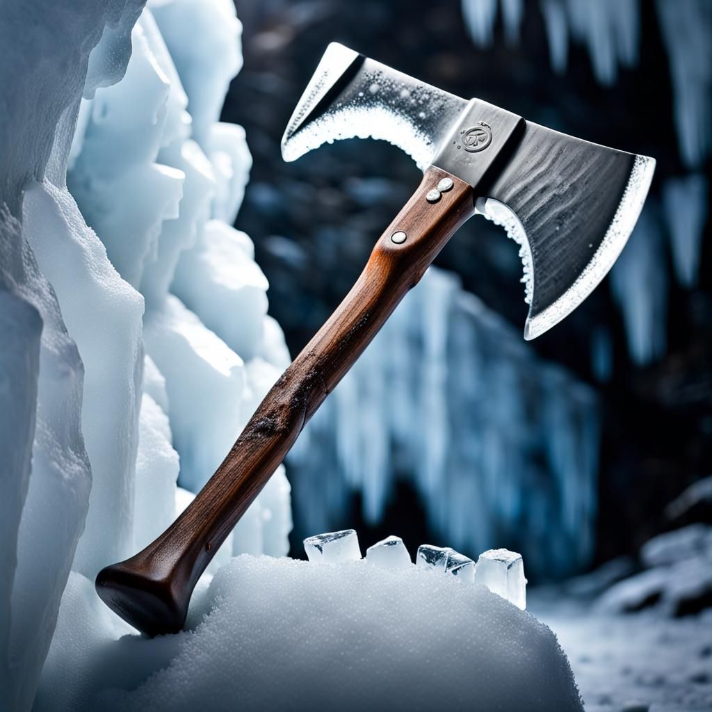 Ice Hatchet in Snowy Cave: Hyperrealistic Photography