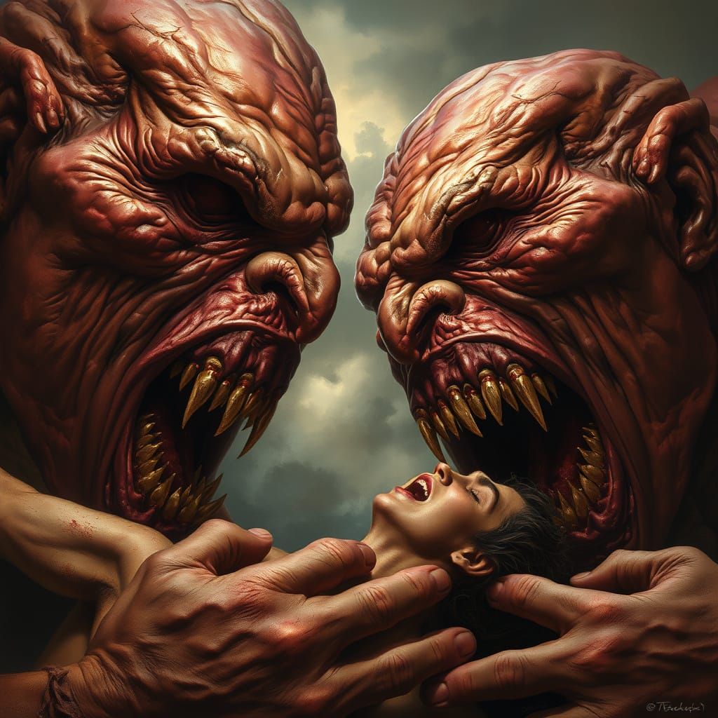 Giants Devouring Humans in Dramatic Chiaroscuro Style