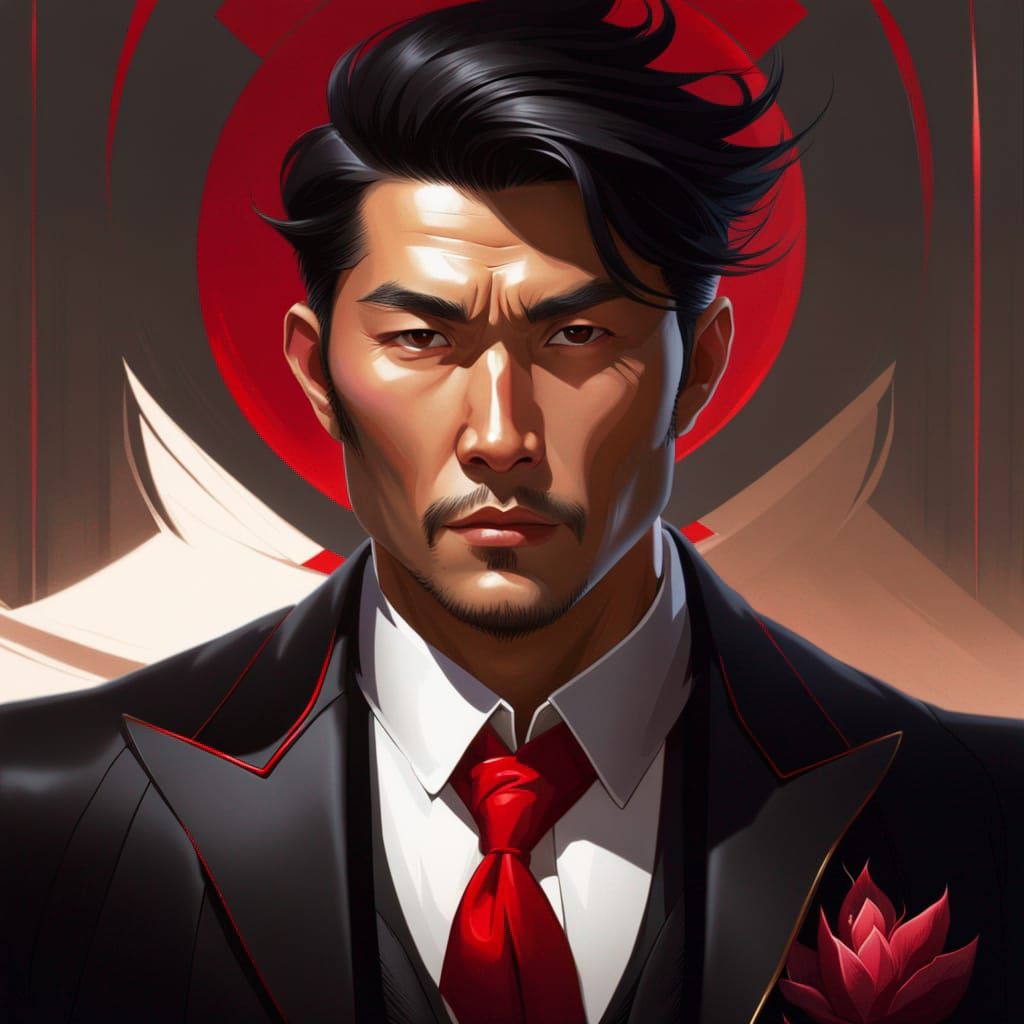 Asian Man in Black Suit, Hyperdetailed Digital Portrait