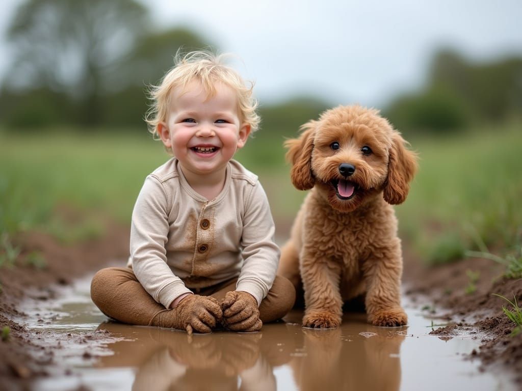 Joyful Toddler and Poodle Play in Mud Puddle