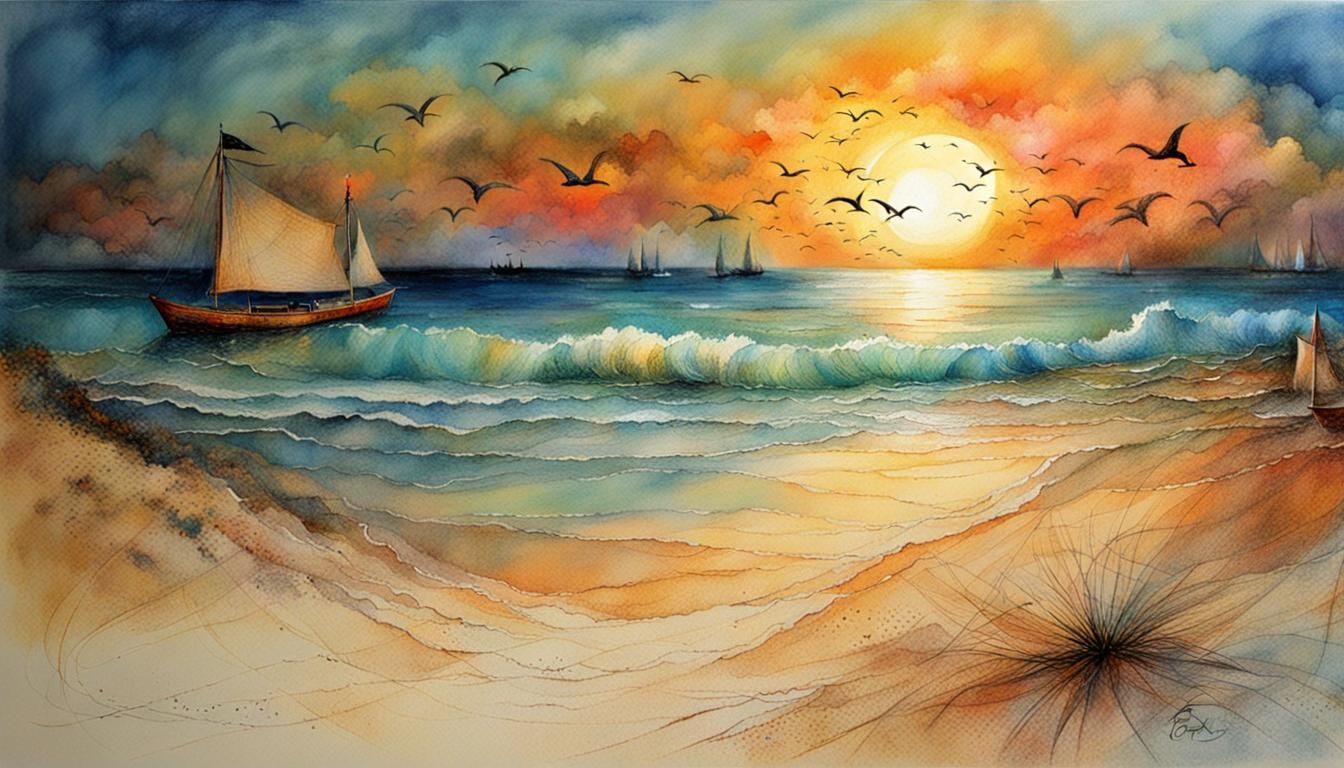 Mystical Sunset Beach Scene in Illustrative Style