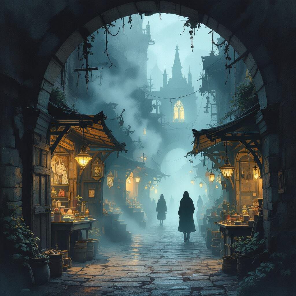 Midnight Market Alleyway in Ink and Watercolor