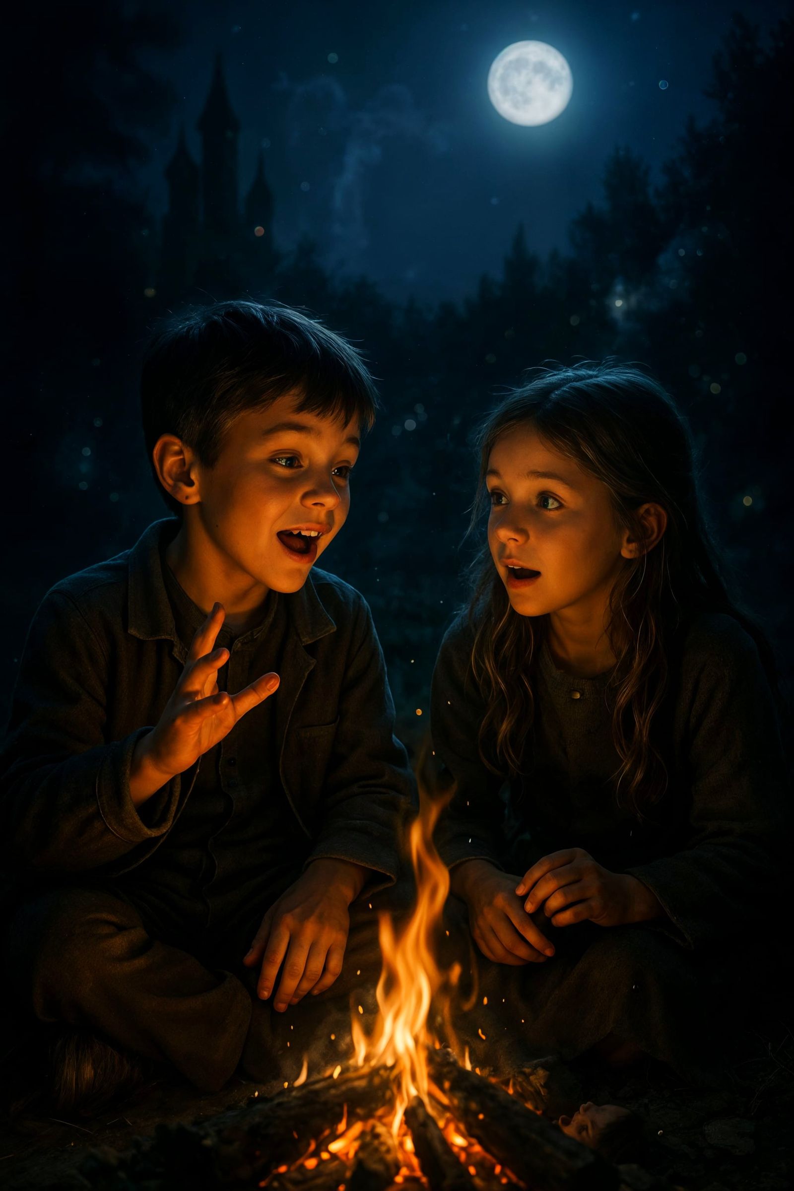 Children's Moonlit Campfire Storytelling: Ultra-Photorealist...