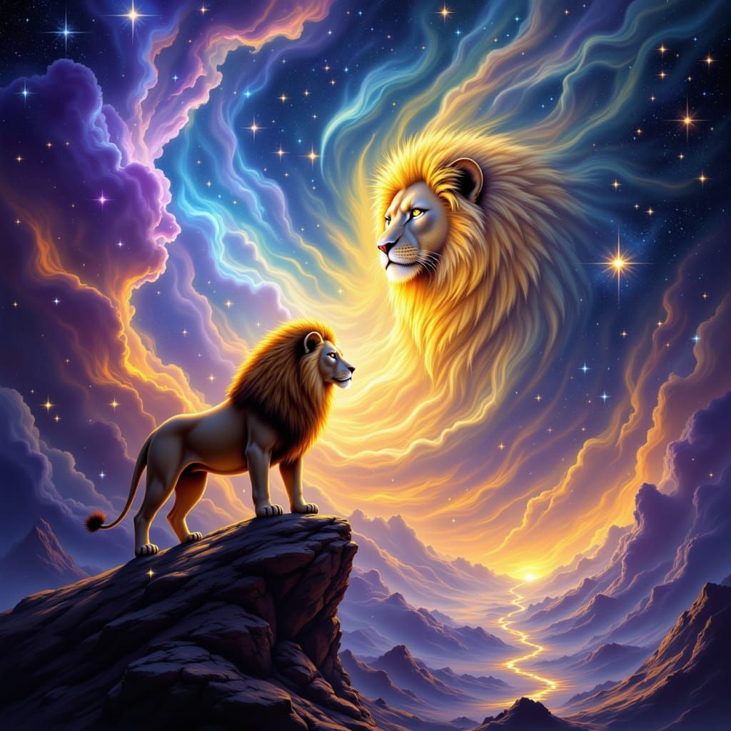 Majestic Lion in Cosmic Nebula Digital Painting