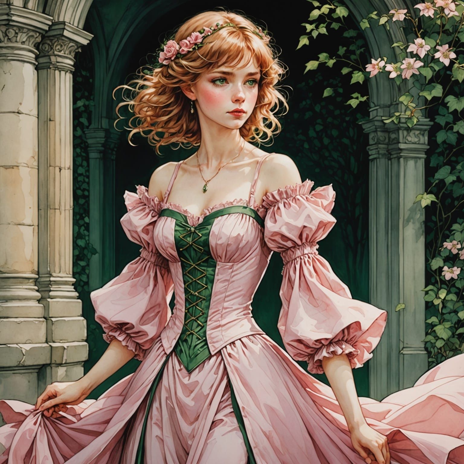 Red Haired Girl in Pink Gown in Detailed Garden