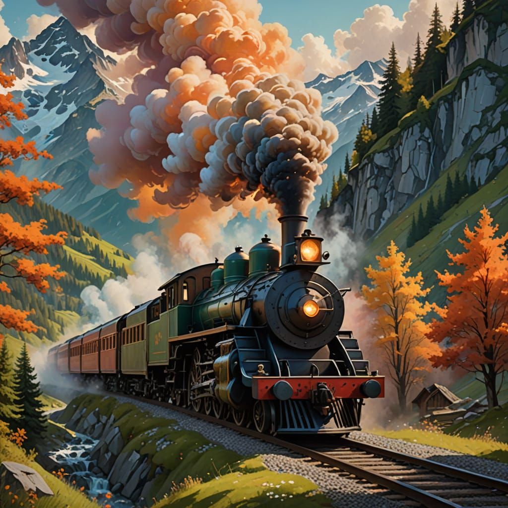 Impressionistic Alpine Train Landscape with Soft Brushstroke...