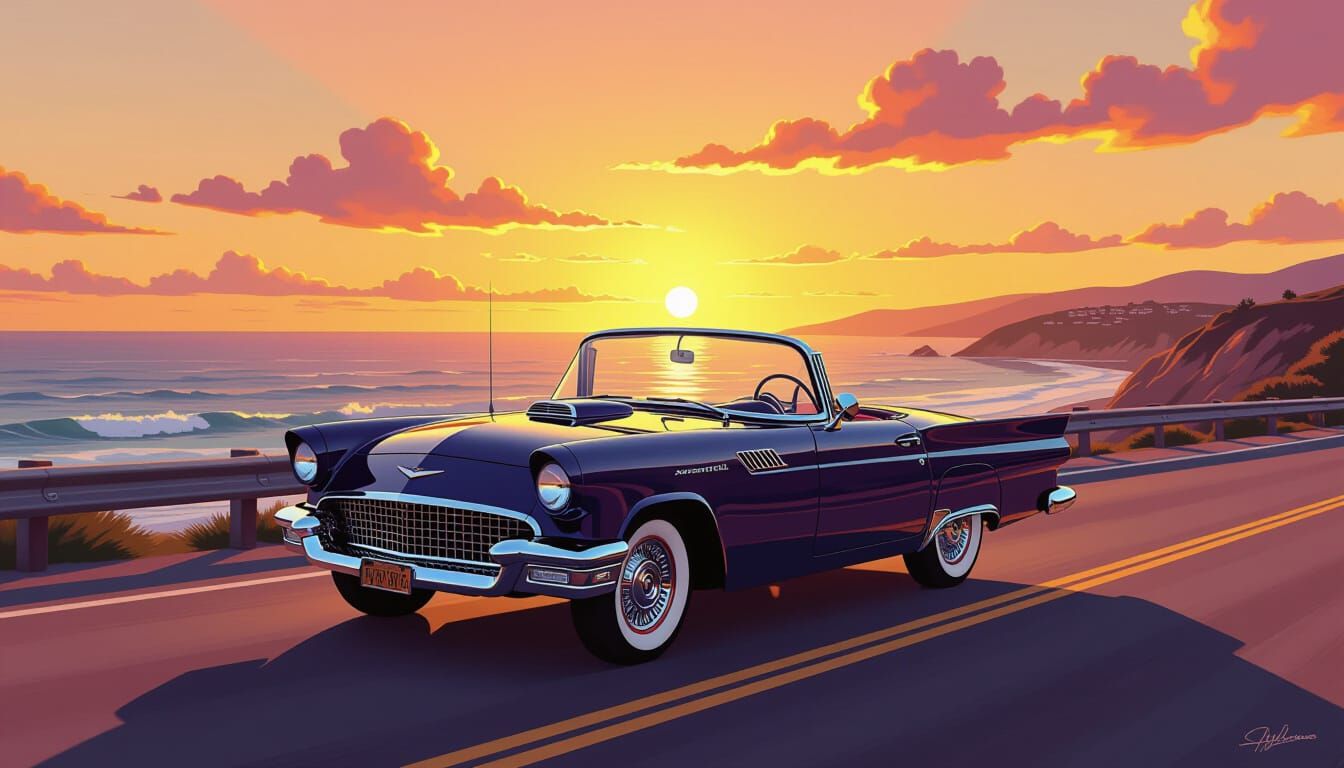 Convertible on Coastal Highway at Sunset, Digital Art