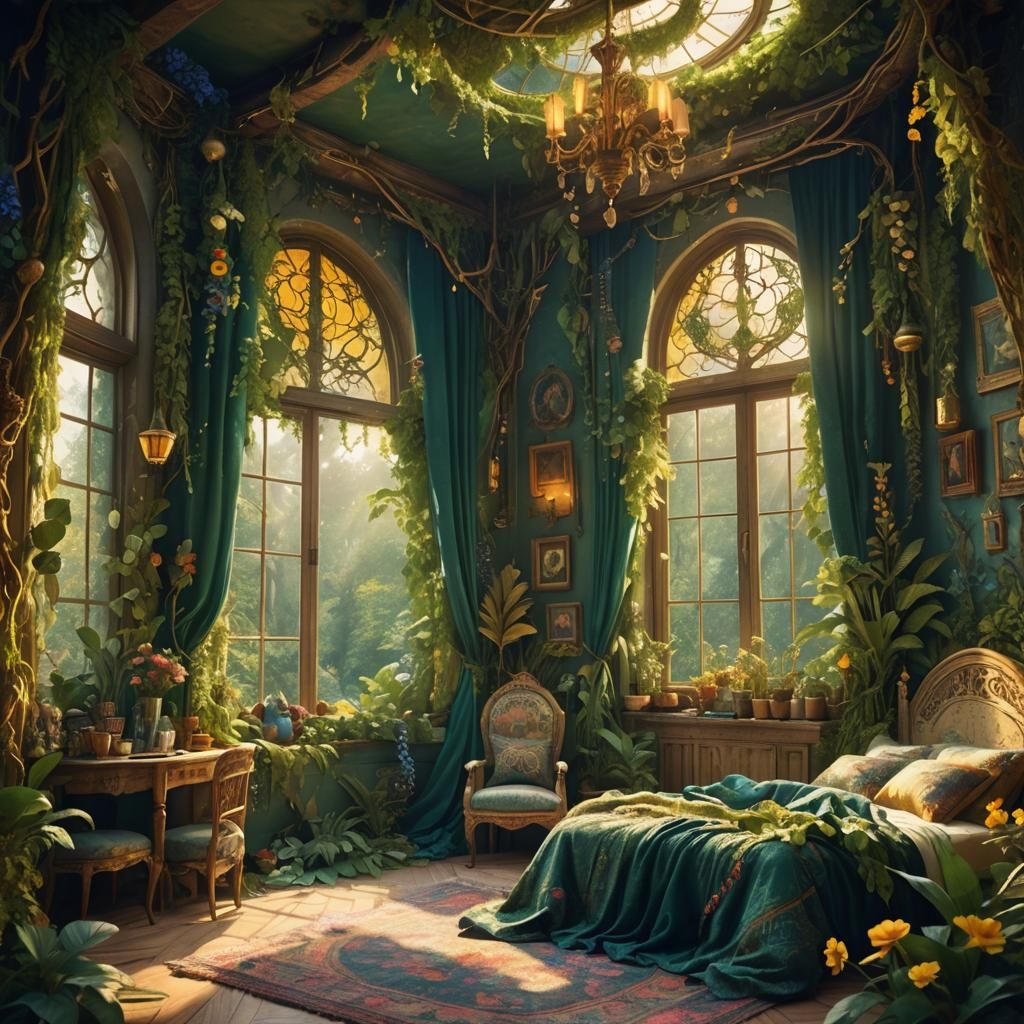 Bohemian Bedroom in Forest, Fantasy Art Nouveau Style