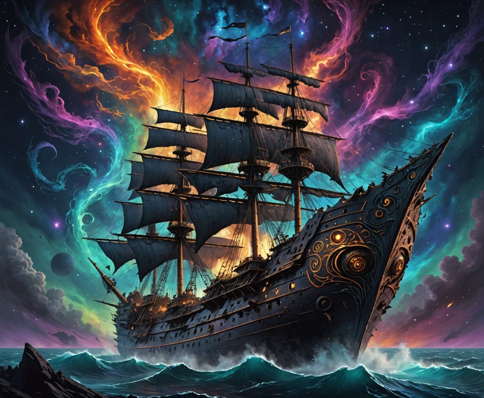 Eldritch Warship Drifting Through Cosmic Nebula