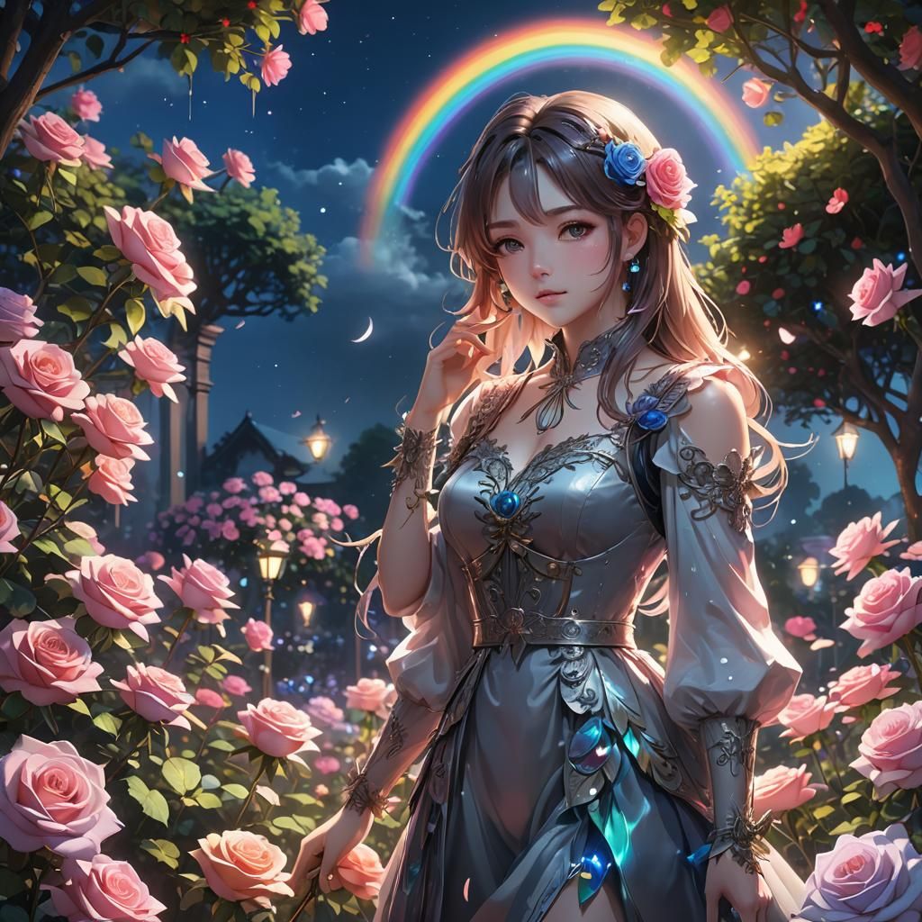 Rainbow Rose Garden in Moonlight: 3D Anime Art