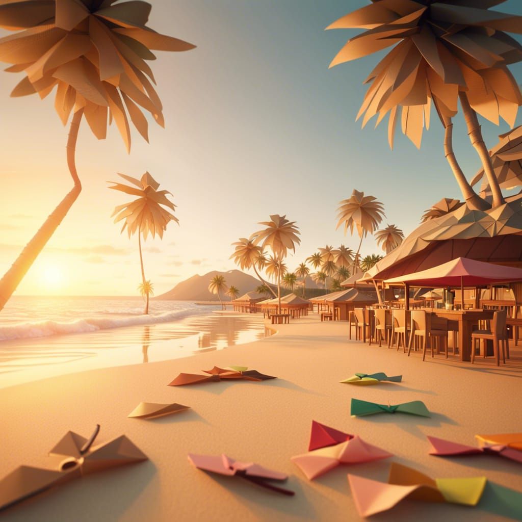 Tropical Beach Sunset with Origami Style Papercraft