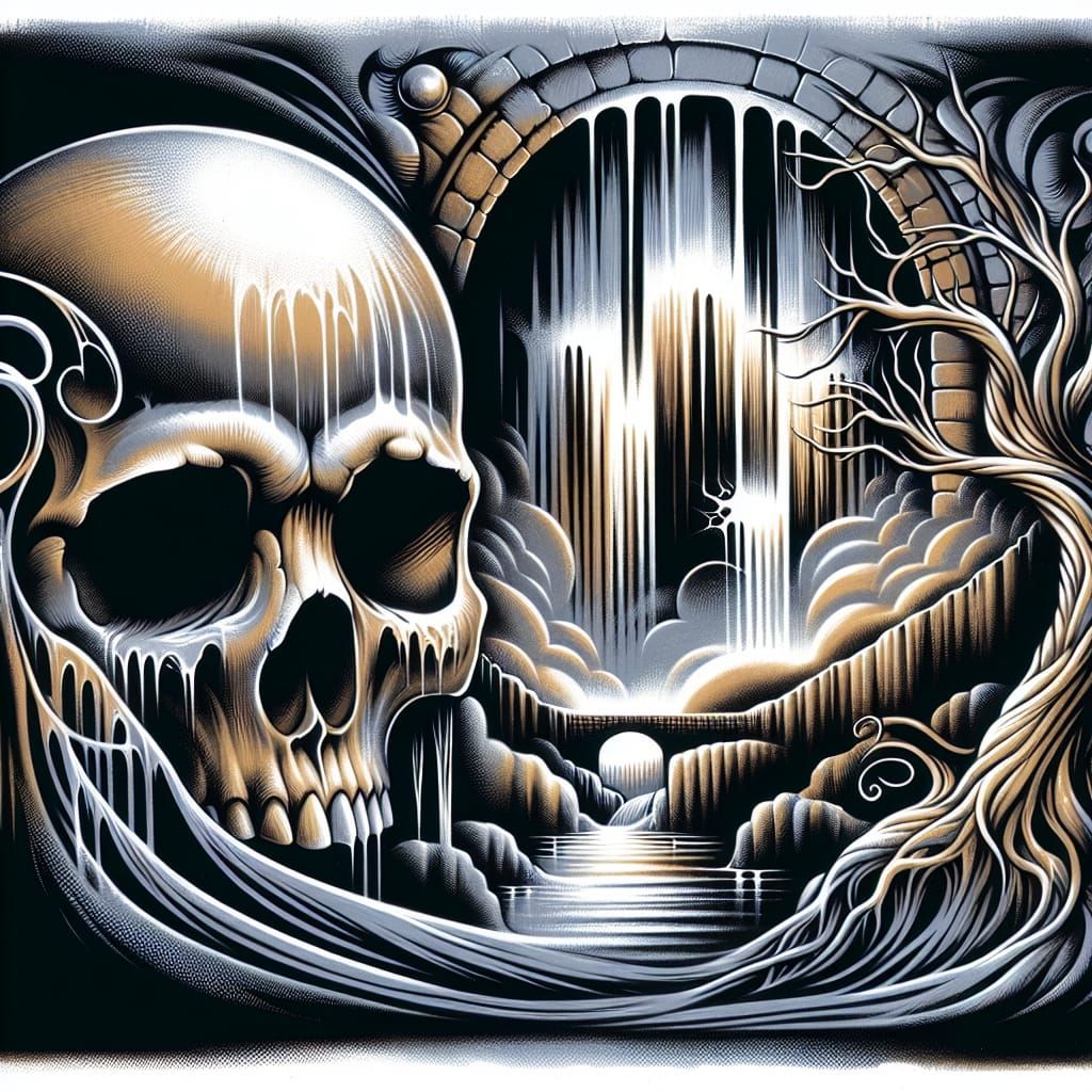 a painting of a skull with a waterfall in the background, an airbrush painting by David Martin, cgsociety, gothic art, a...