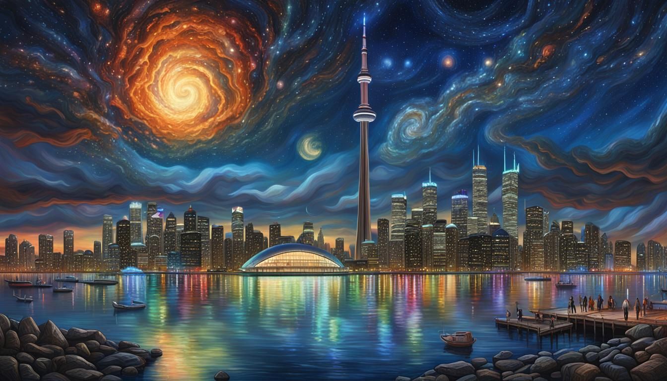 Toronto Waterfront Sci-Fi Skyline Oil Painting