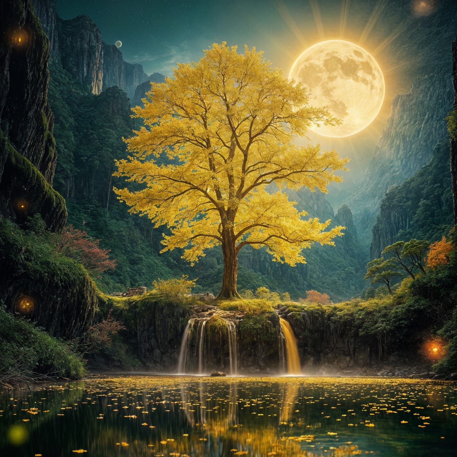 Surreal Golden Moonlit Landscape with Glowing Tree