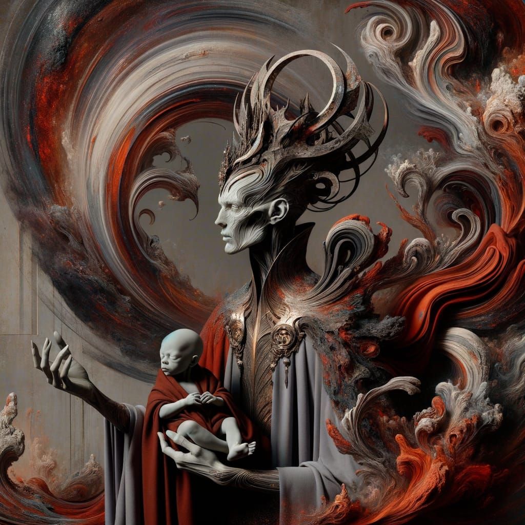Otherworldly Sovereign with Newborn in a Fiery Abyss