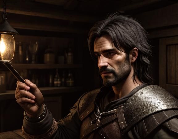 Woodsman in Dark Age Tavern, Rembrandt Lighting