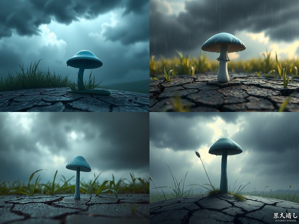 Lonely Blue Mushroom in a Moody Landscape