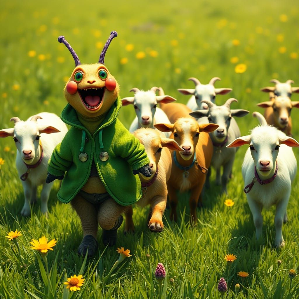 Caterpillar Herding Goats with Dogs in Meadow, Illustrated S...