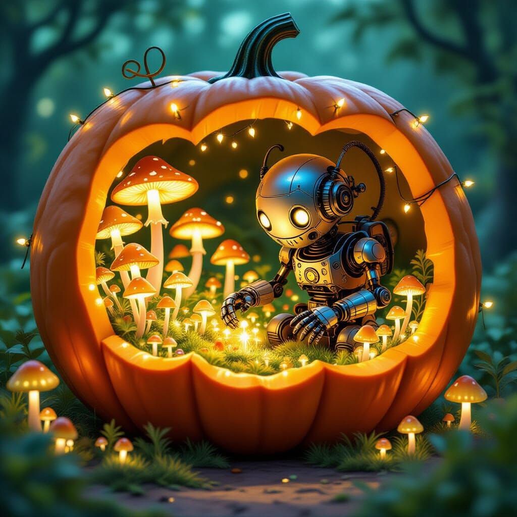 Clockwork Robot Tends Magical Mushroom Garden in Giant Pumpk...