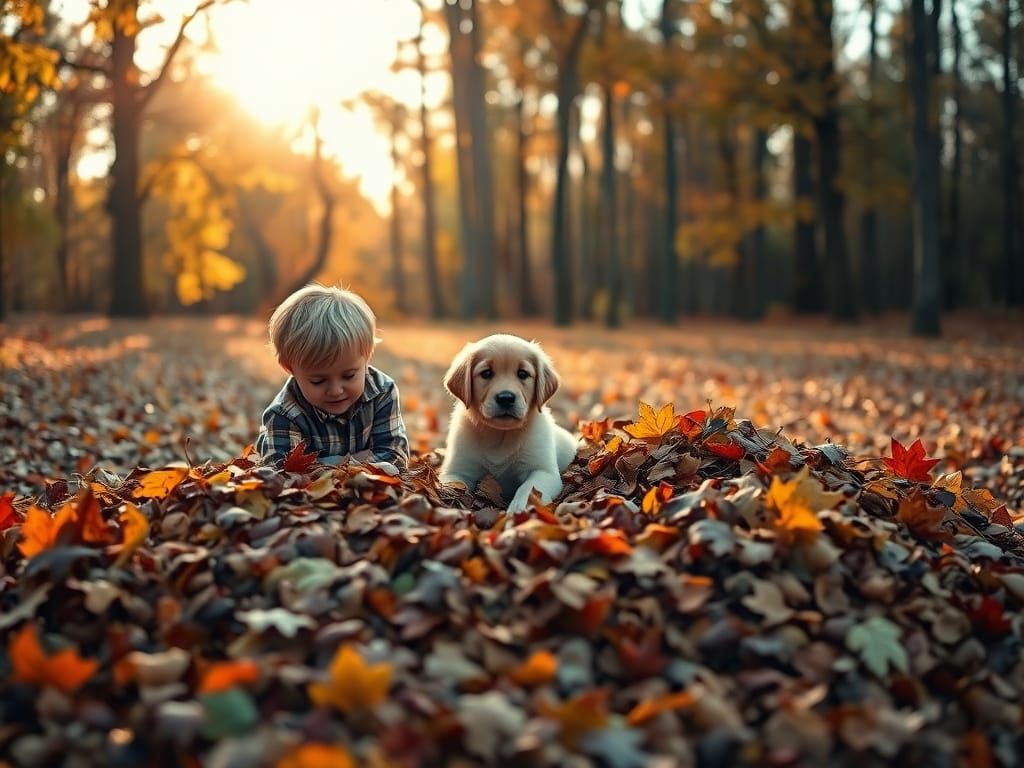 Golden Retriever Puppy and Boy Play in Autumn Leaves