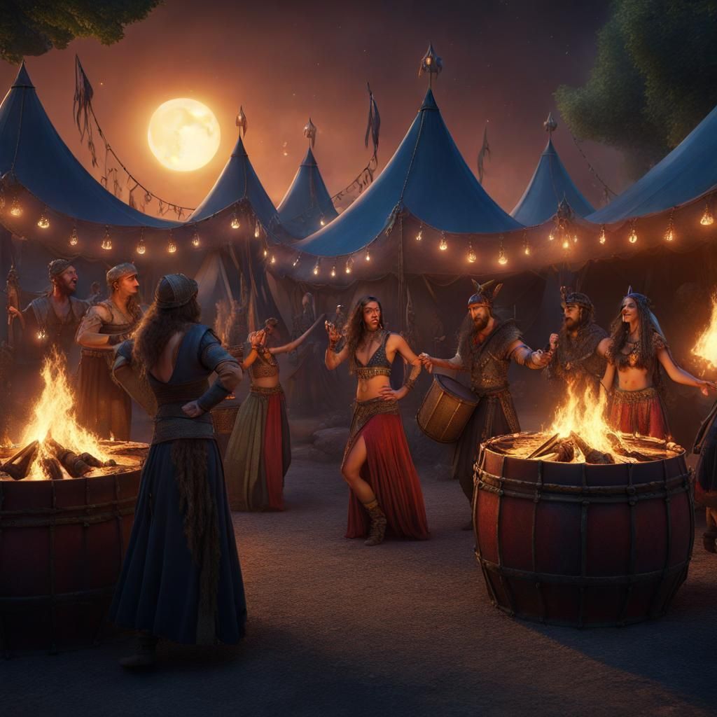 Medieval Festival with Dancers Under Three Moons