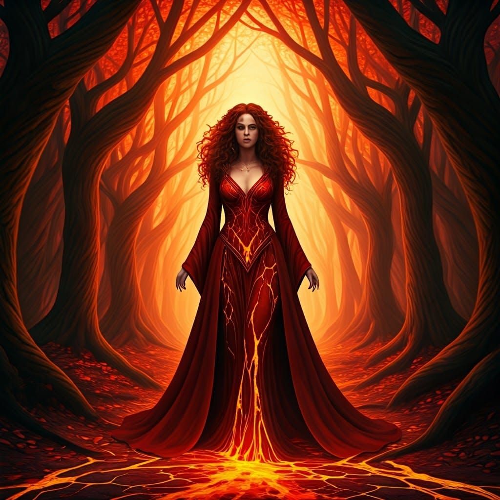 Cinnabar Sorceress in Ember Grove, Mystical Art