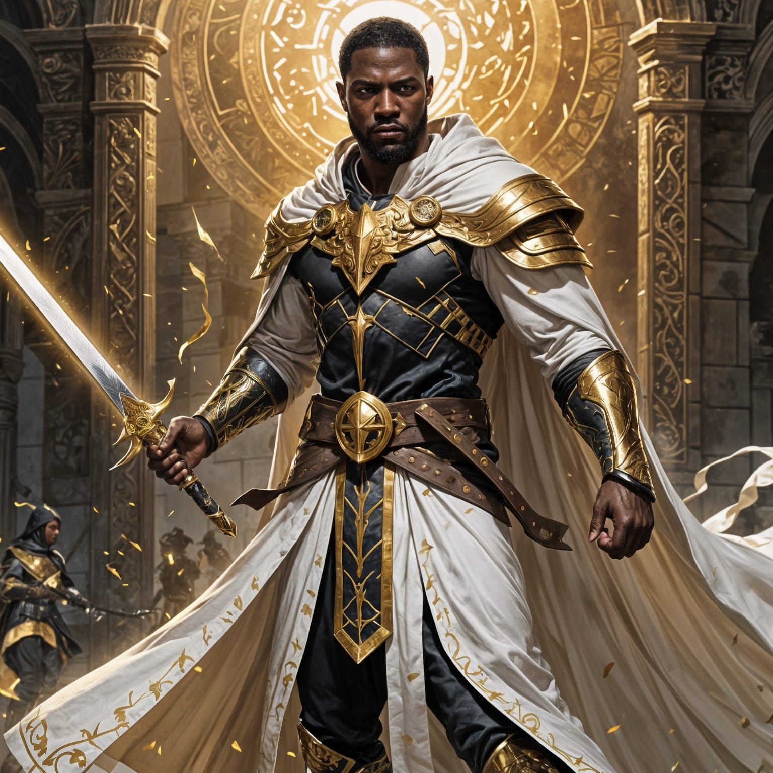 Black Warrior in White Robe Brandishing Sword