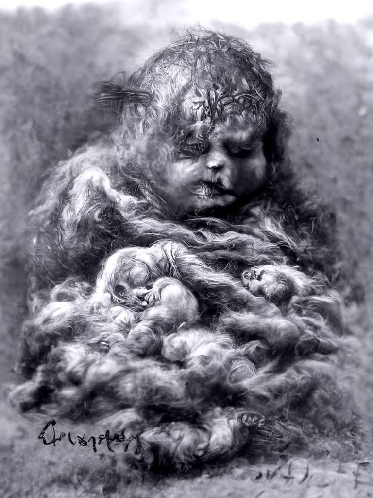 Surreal Birth: Photorealistic Charcoal Drawing in Horror Sty...