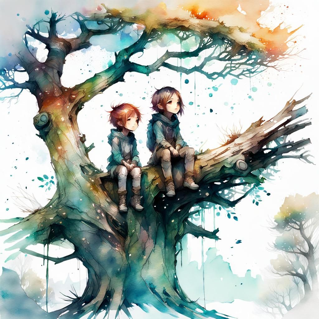 Chibi Kids in Galaxy Tree, Watercolor Art