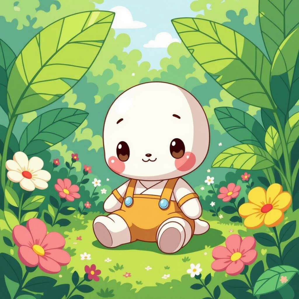Adorable Bean Character in Vibrant Garden
