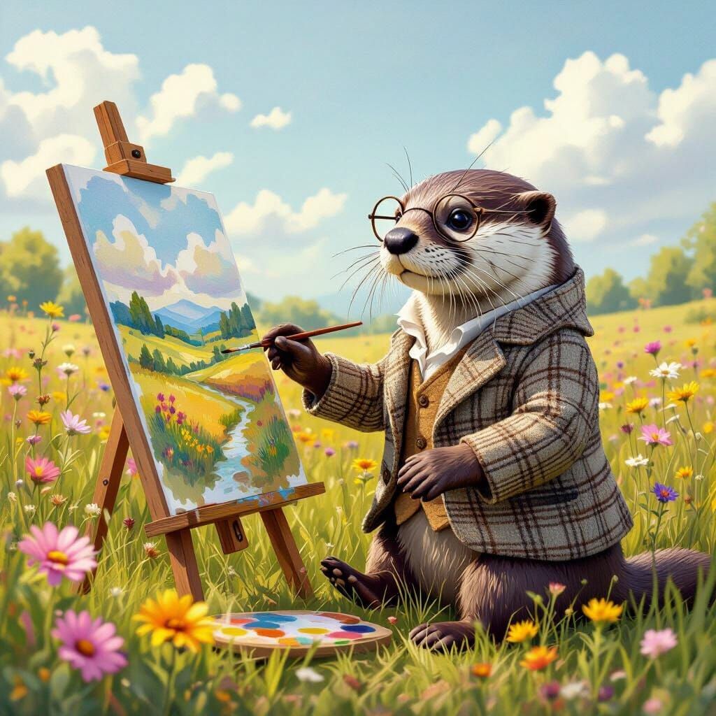 Otter Painting a Landscape in Watercolor Style
