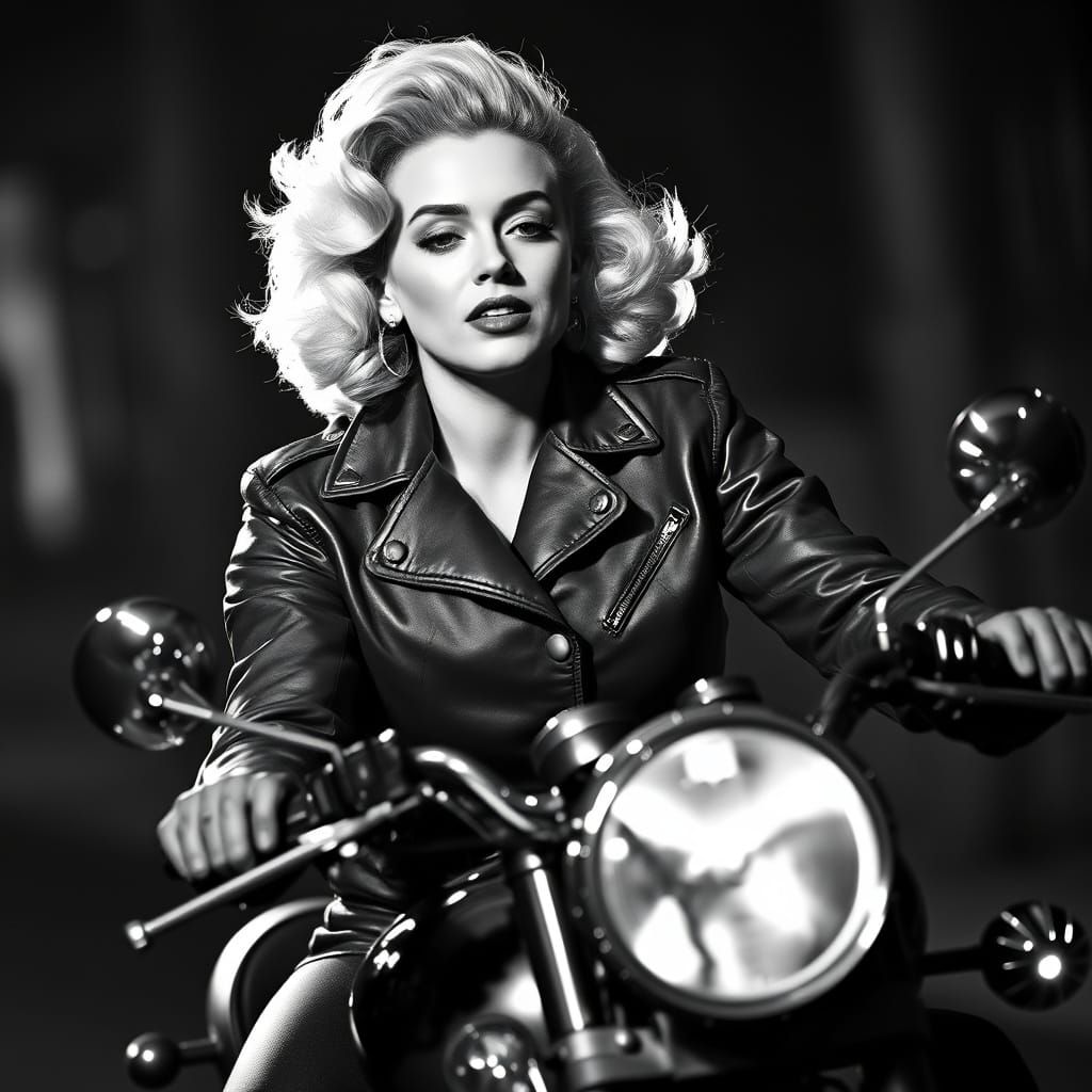 Classic Hollywood Starlet on a Vintage Motorcycle in Monochr...