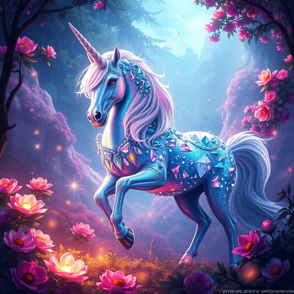 Majestic Diamond Unicorn in Lush, Vibrant Environment