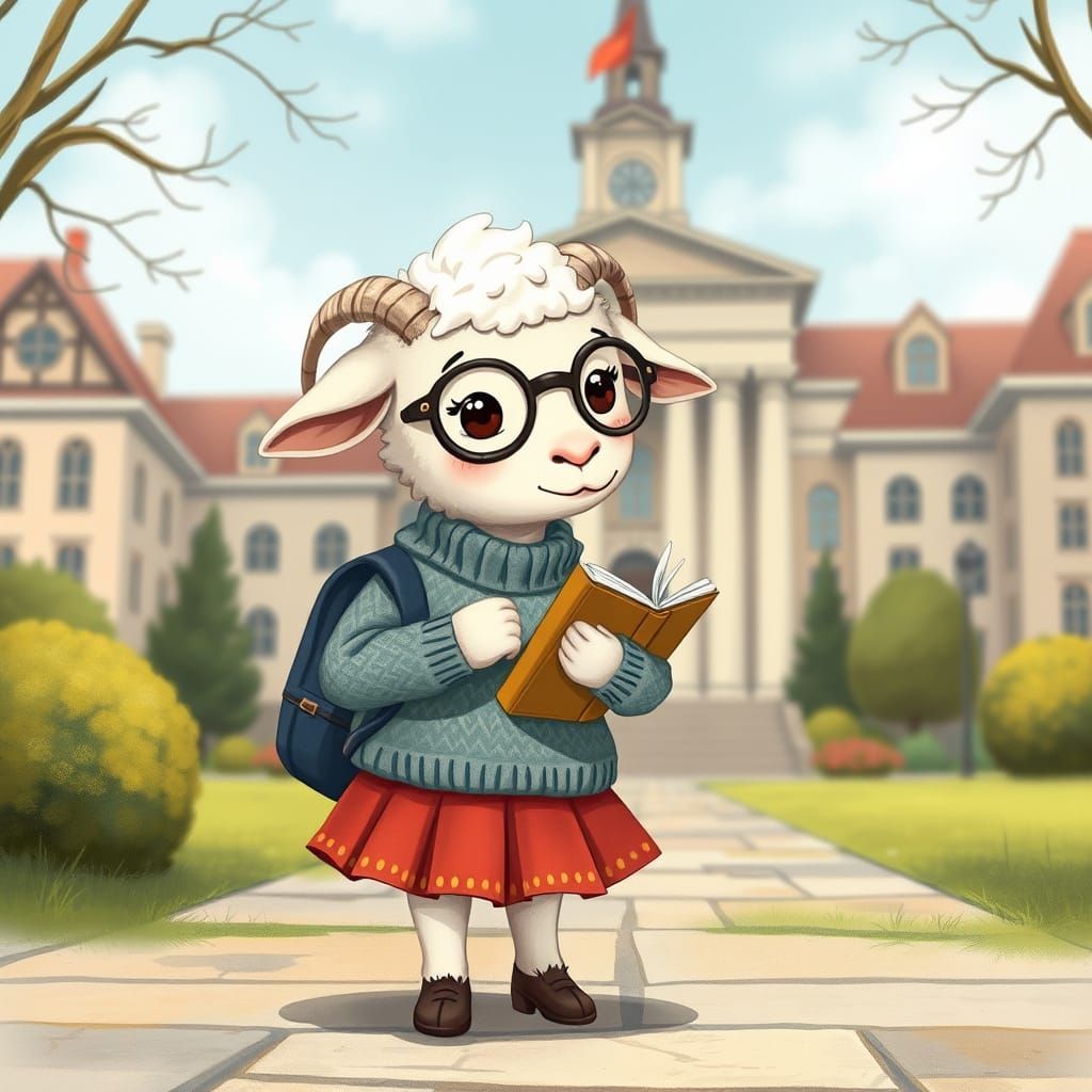 Lamb Student at University in Storybook Style
