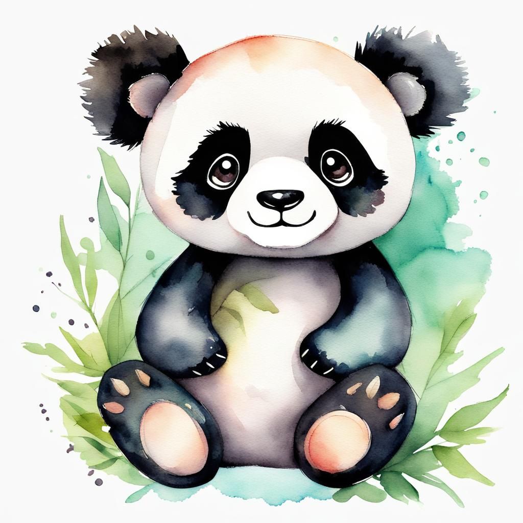 Cute Stuffed Panda Doll in Watercolor Art