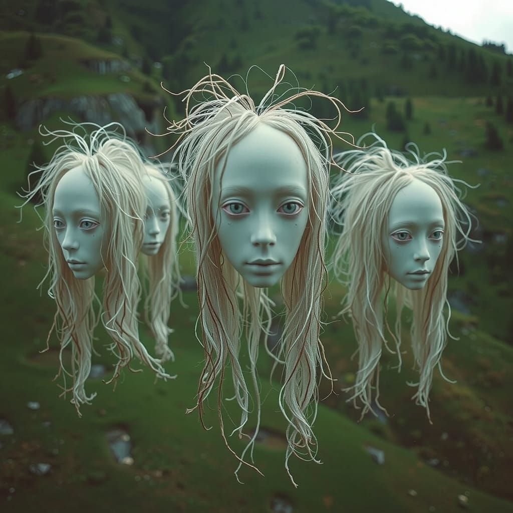 Ghostly Heads Hover Above a Misty Hill