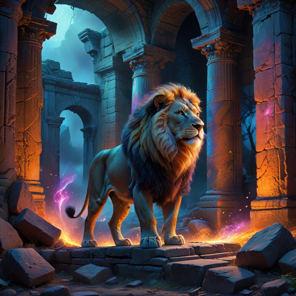 Majestic Lion in Ancient Ruins with Spectral Markings