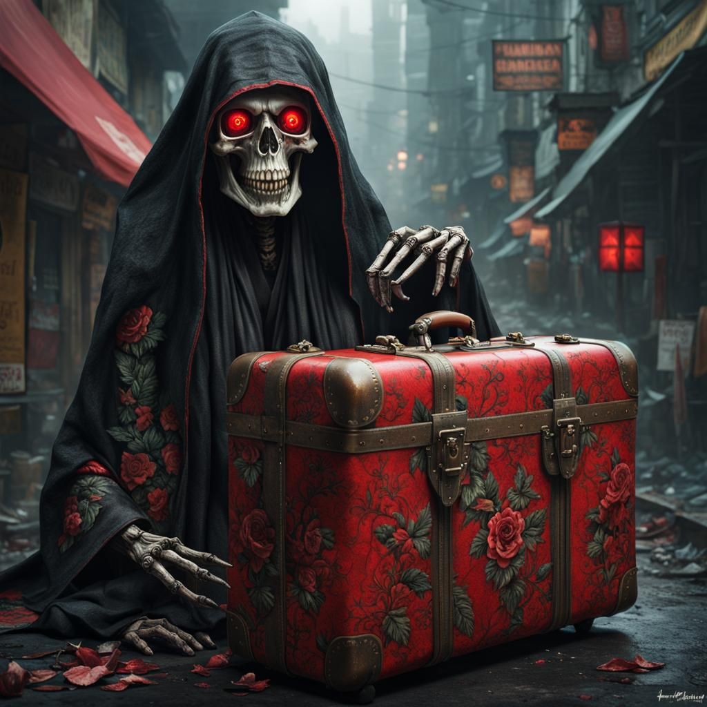 Hyperrealistic Grim Reaper in Hawaiian Clothes