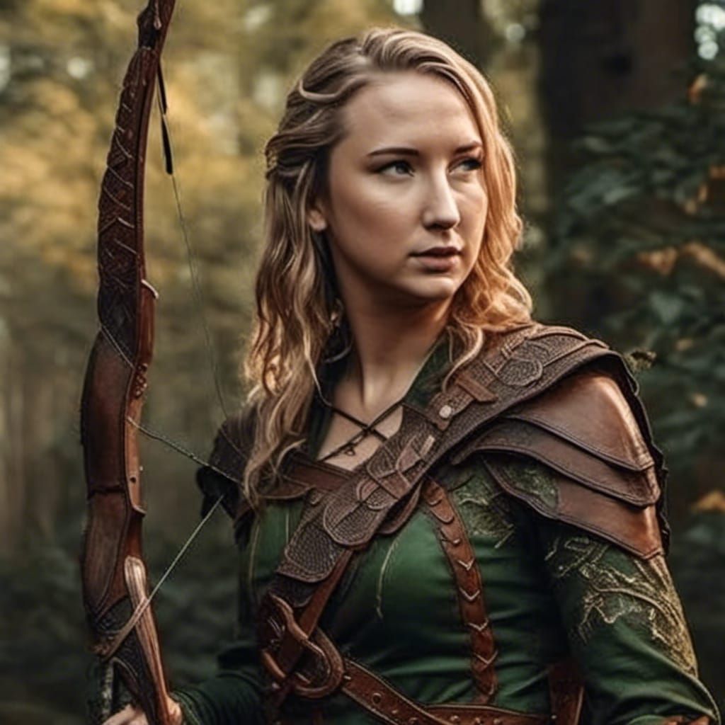 Female Elf Huntress Drawing Bow and Arrow