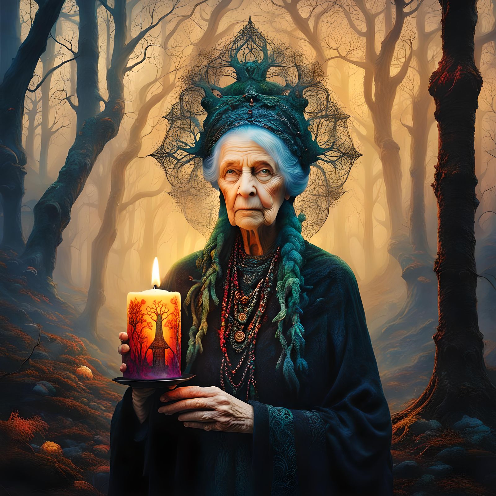 Mystical Gothic Woman With Candle in Dark Forest
